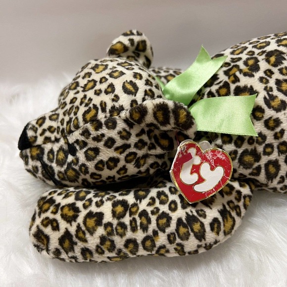 TY Pillow Pal SPECKLES Leopard Plush Green Bow1996 Cheetah Stuffed Animal 13" - Picture 2 of 9